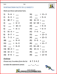 Free Subtraction Worksheets to 12