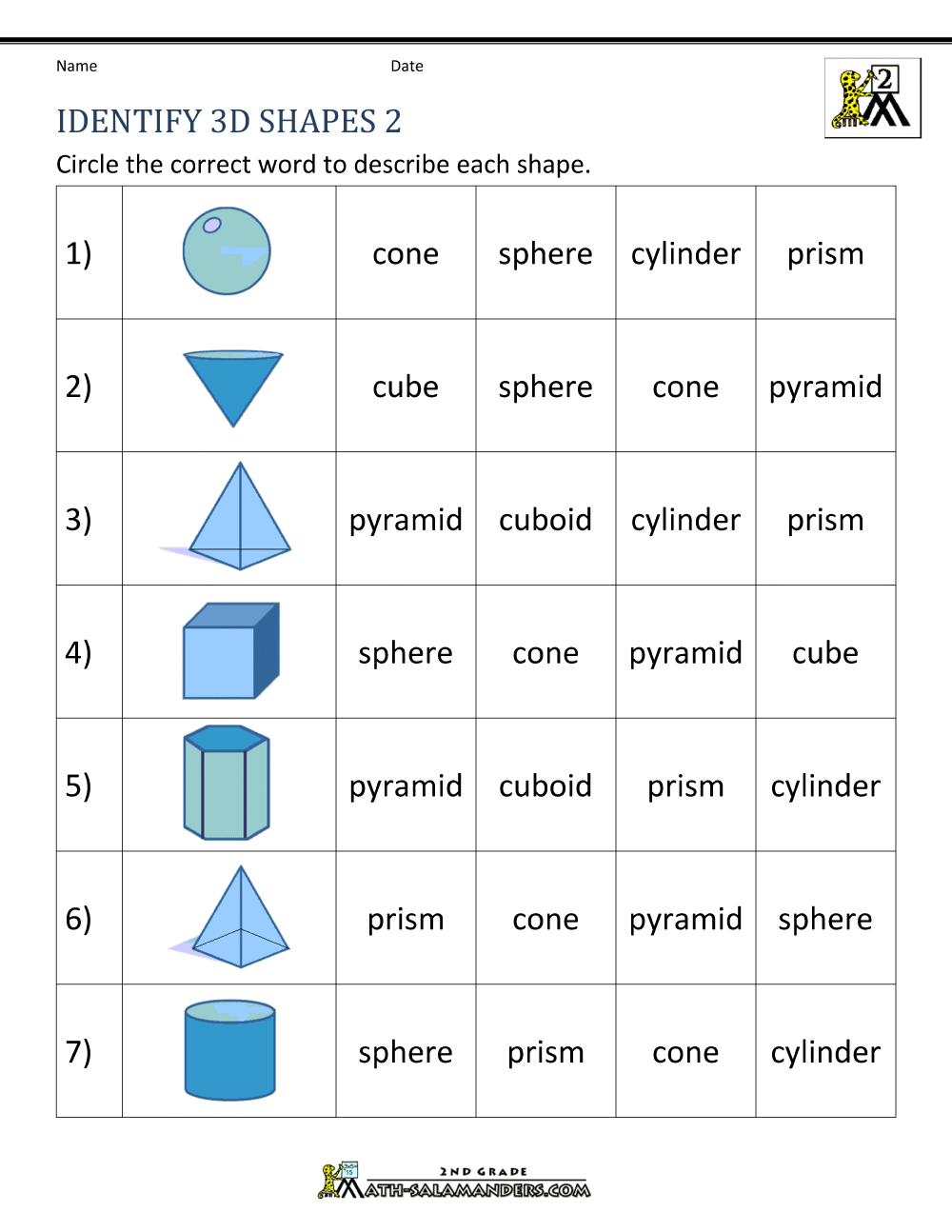 3d Shapes Worksheets 2nd Grade