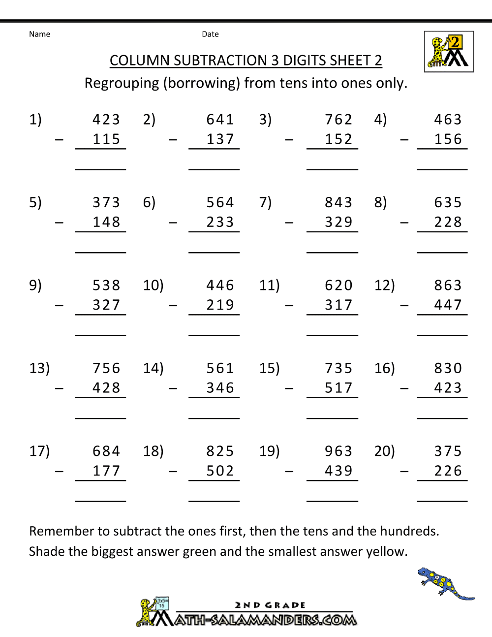 Free Printable 2nd Grade Math Worksheets Subtraction