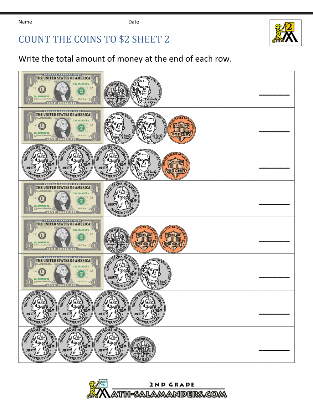 counting money worksheet for second grade