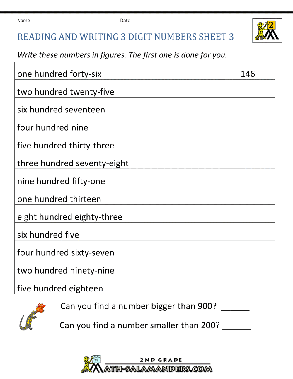 Reading And Writing 3 Digit Numbers Worksheets