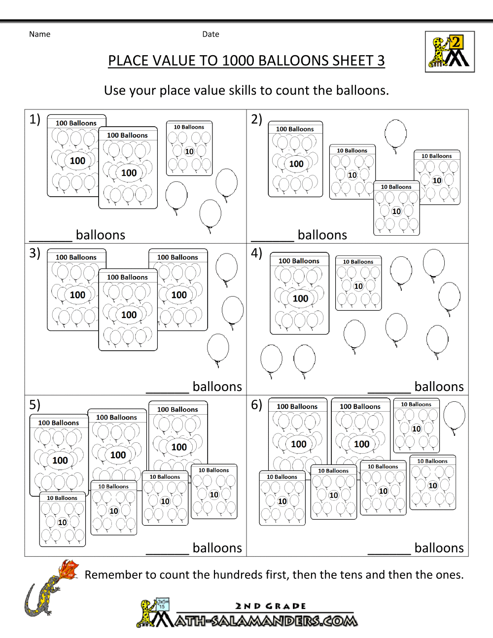 Worksheets Place Value Worksheets Grade 2 place value blocks with 3 digit number balloons sheet 3