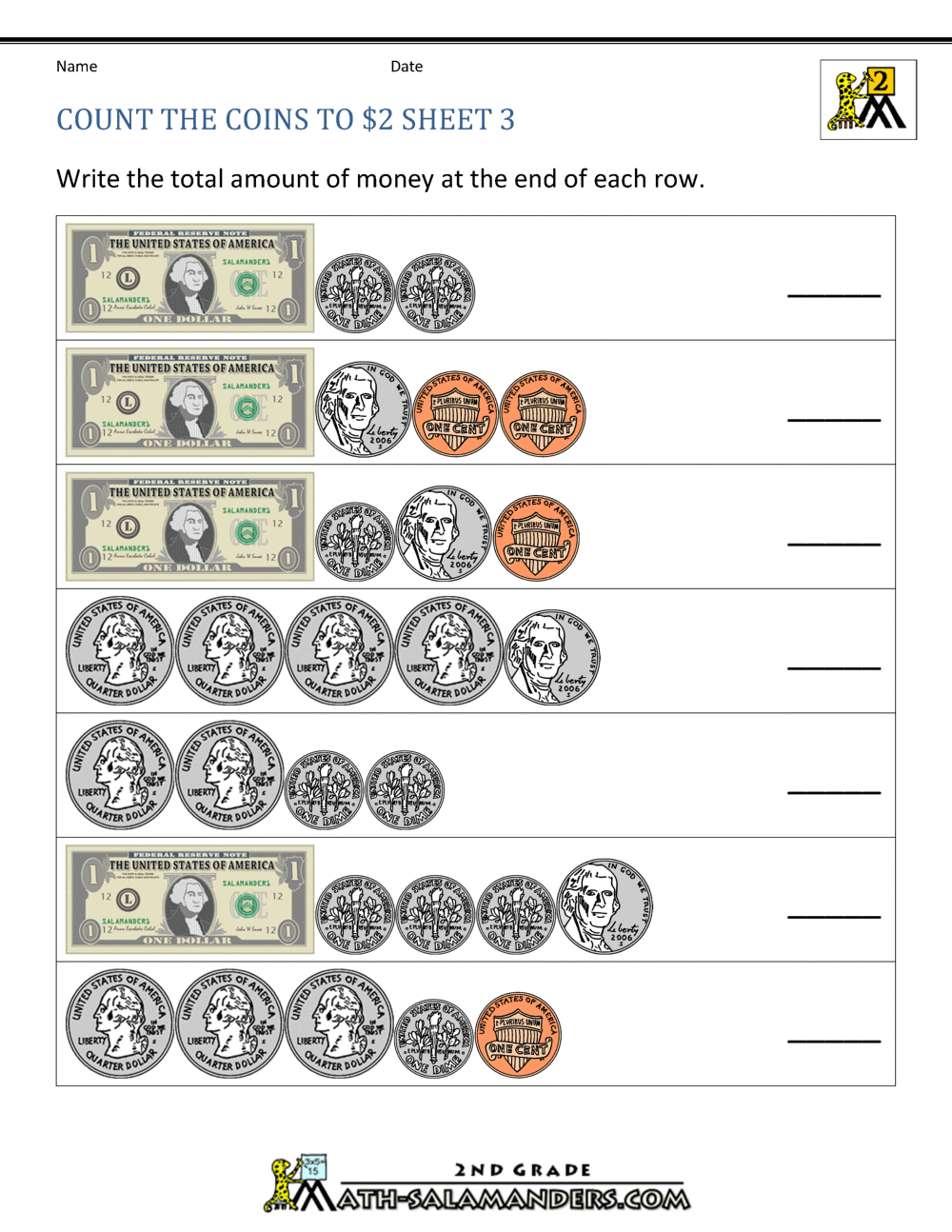 2nd Grade Money Worksheets up to 2