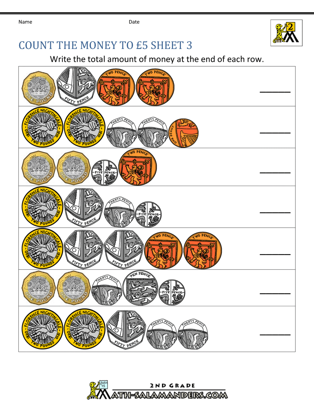 UK Money Worksheets to £5