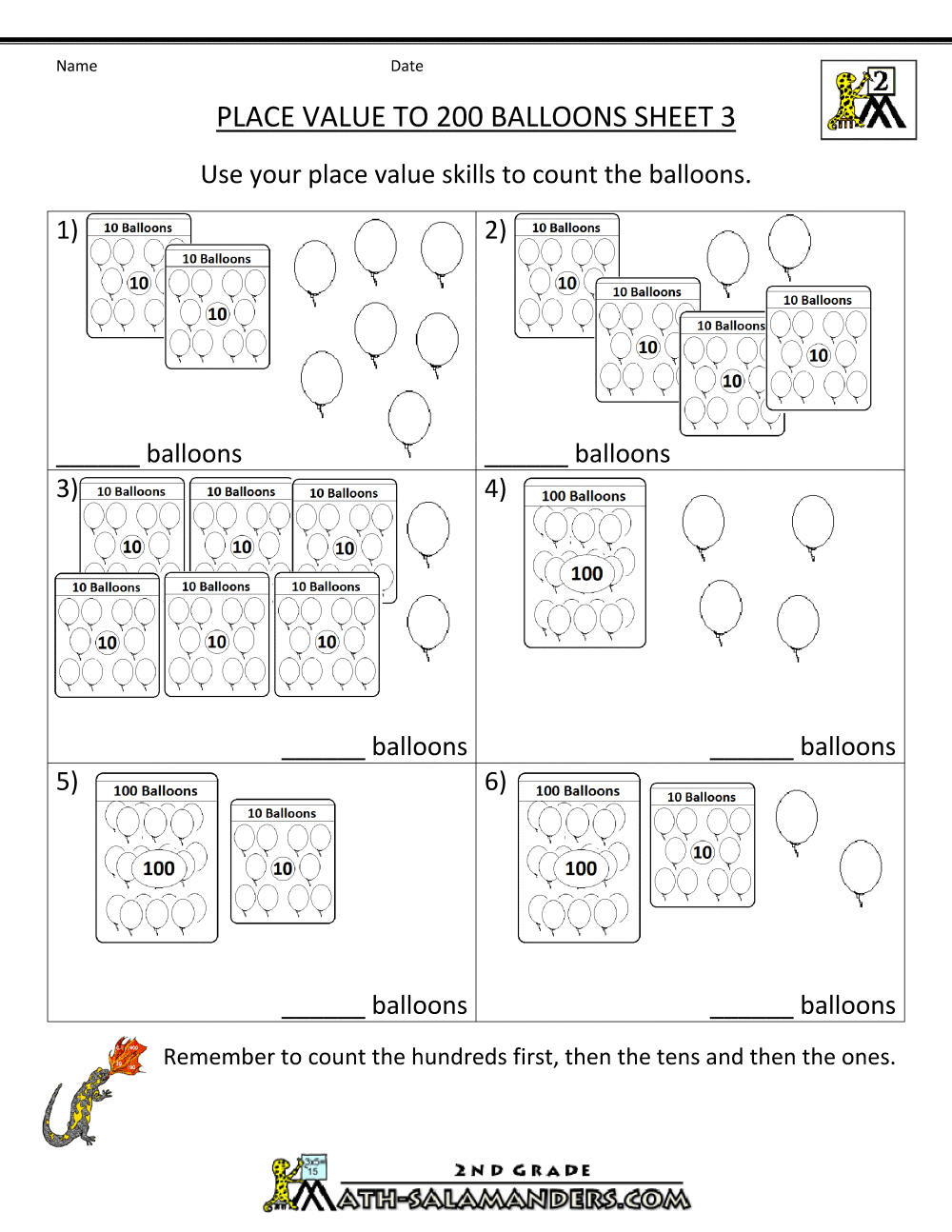 Place Value Worksheet - numbers to 200