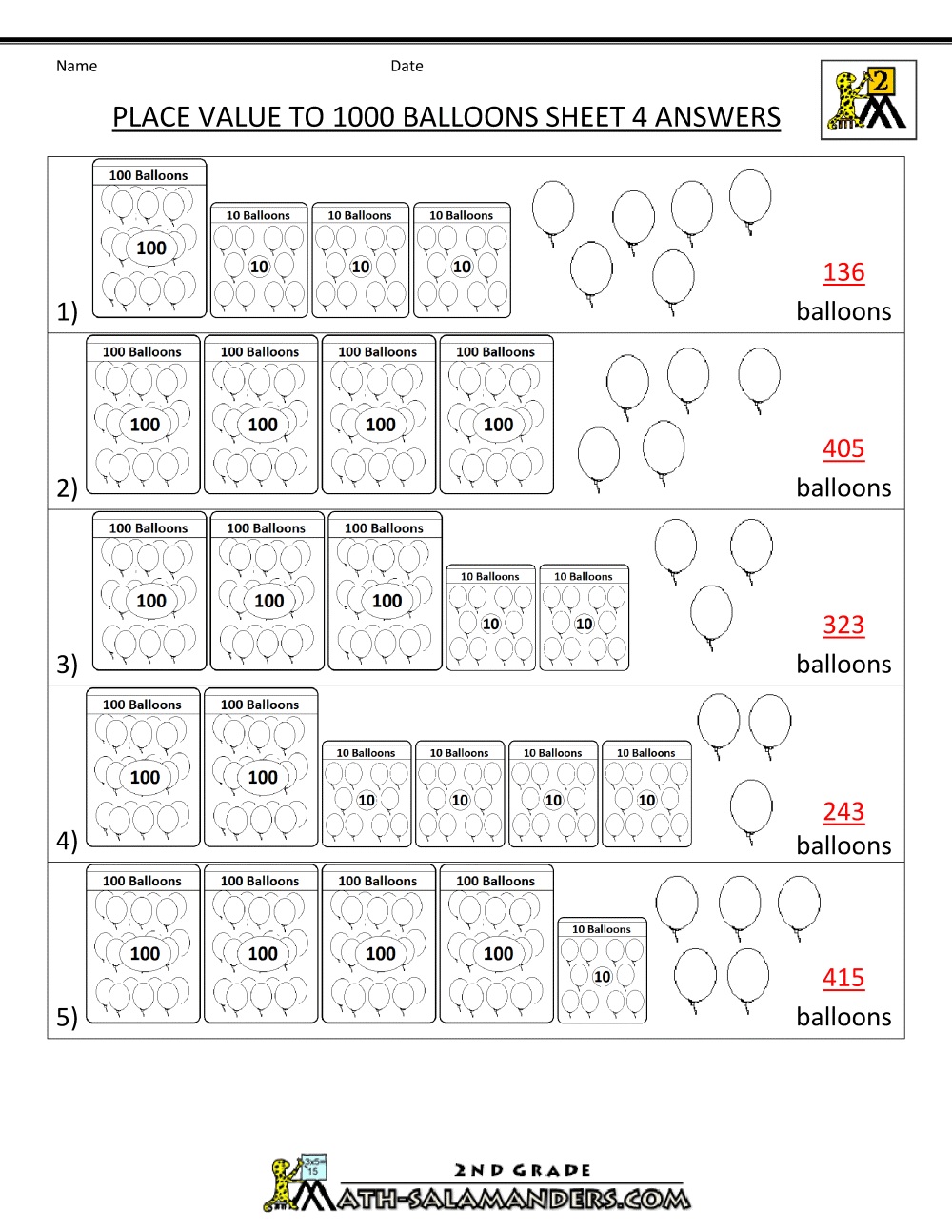 Printables Free Printable Place Value Worksheets place value blocks with 3 digit number balloons sheet 4 bw