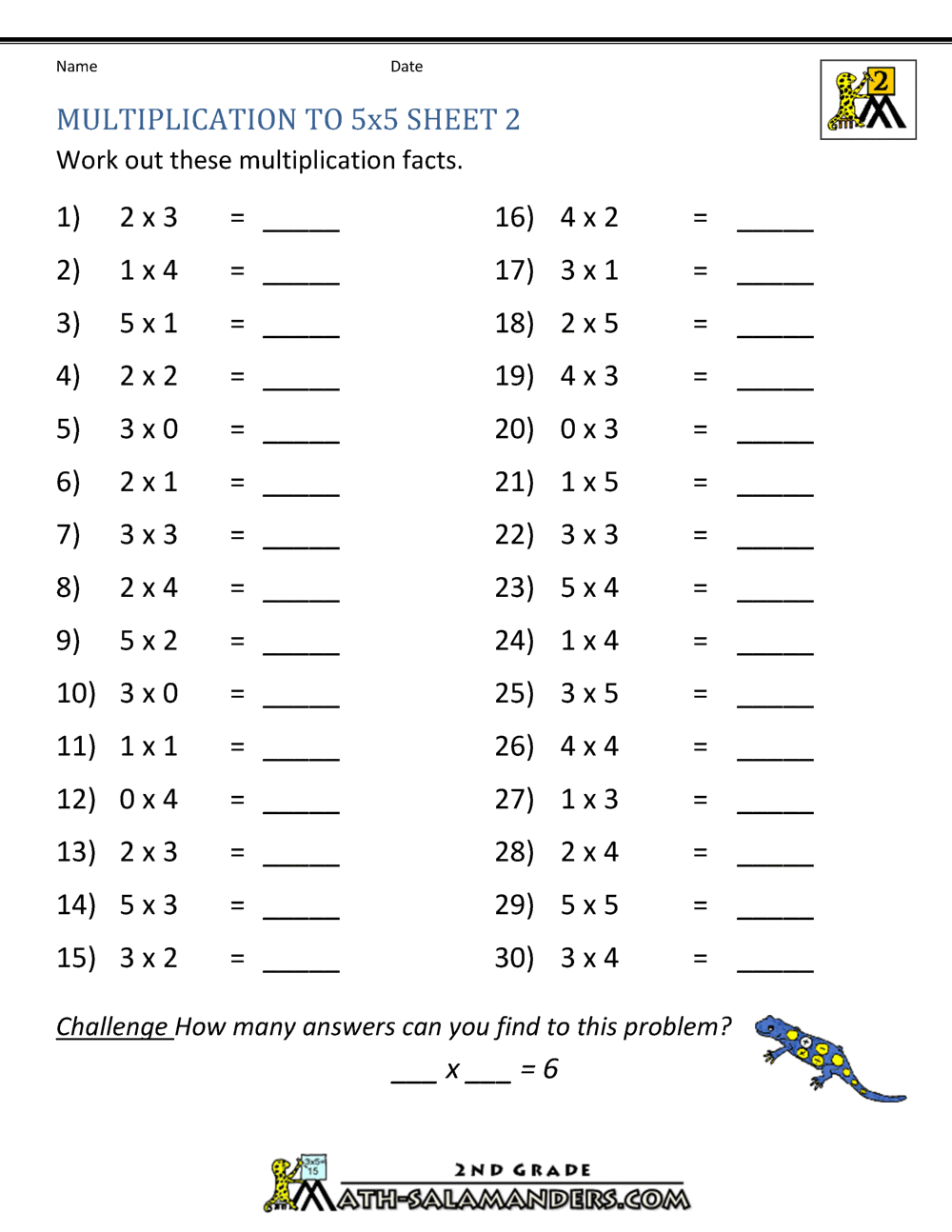 Multiplication Practice Worksheets to 5x5