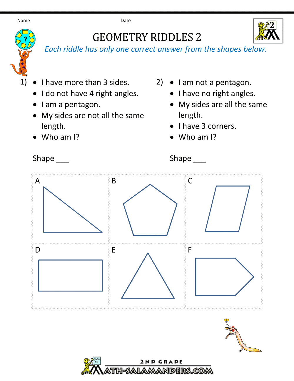 Free Geometry Worksheets 2nd Grade Geometry Riddles