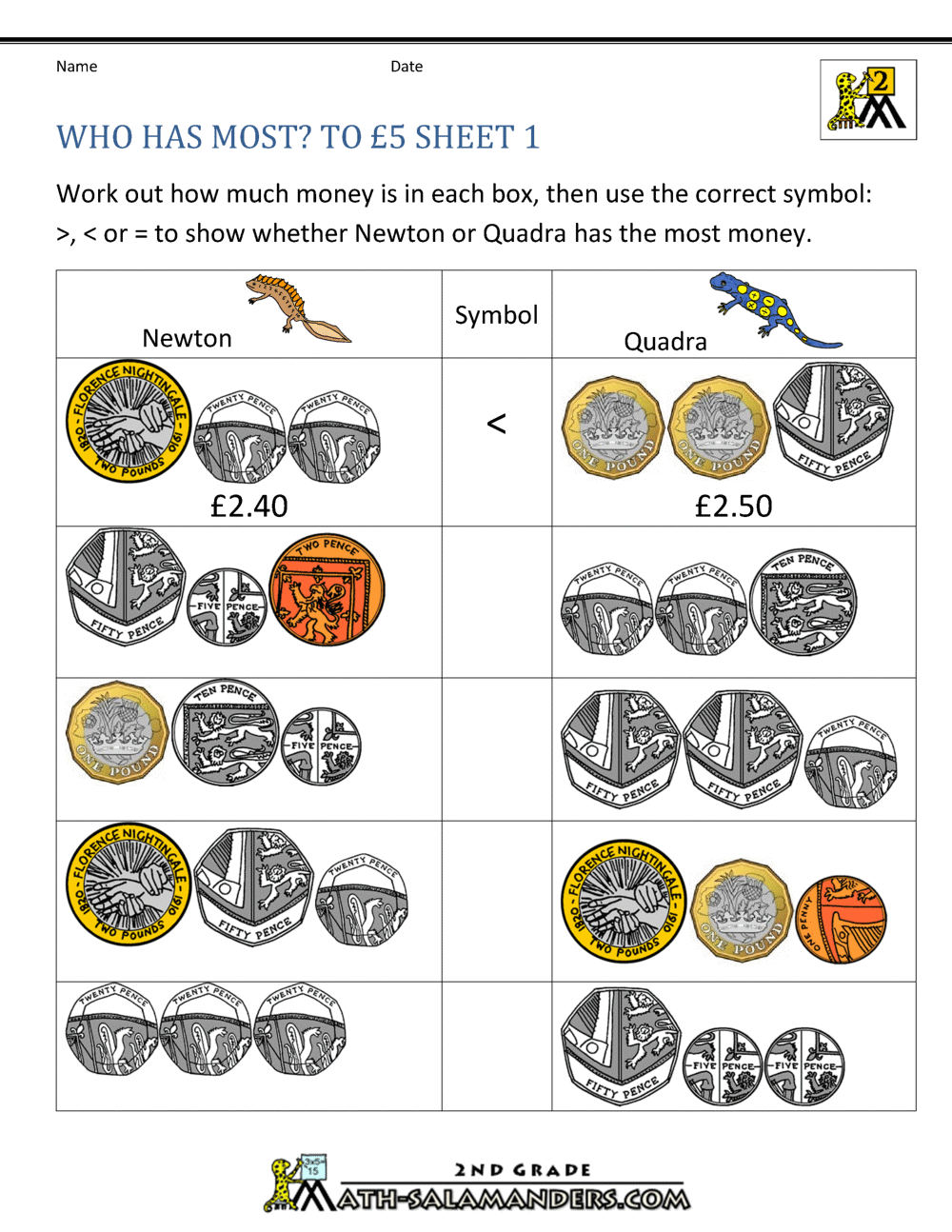 UK Money Worksheets To 5