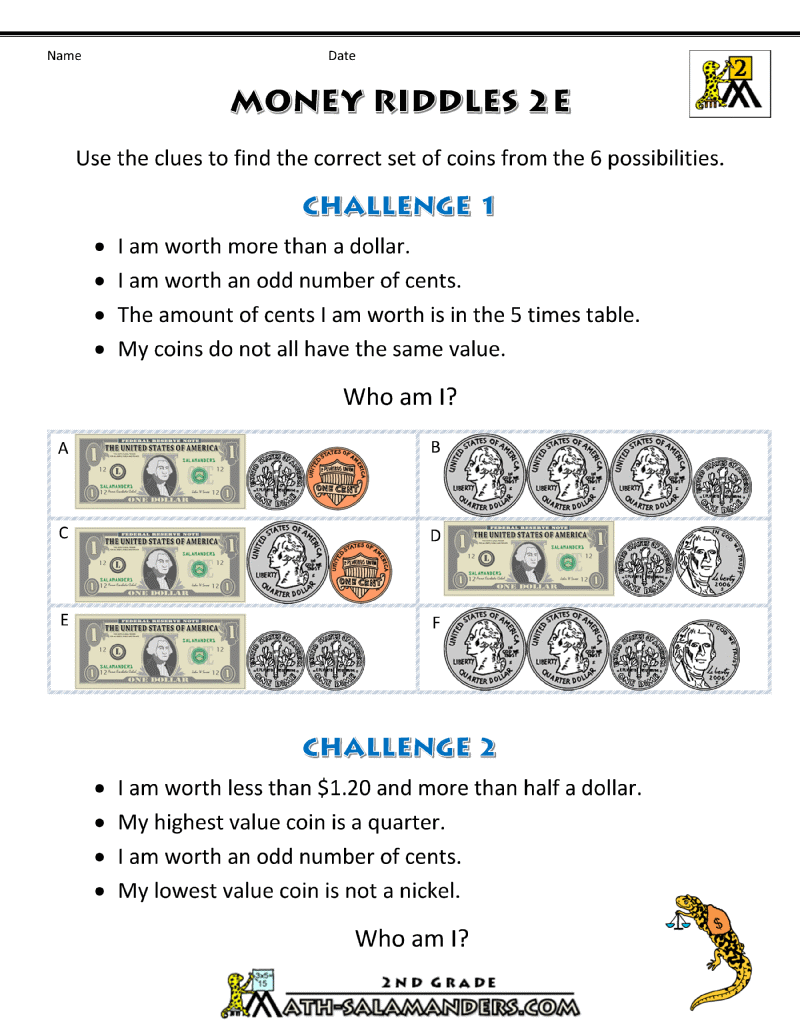 Money Math Worksheets - Money Riddles
