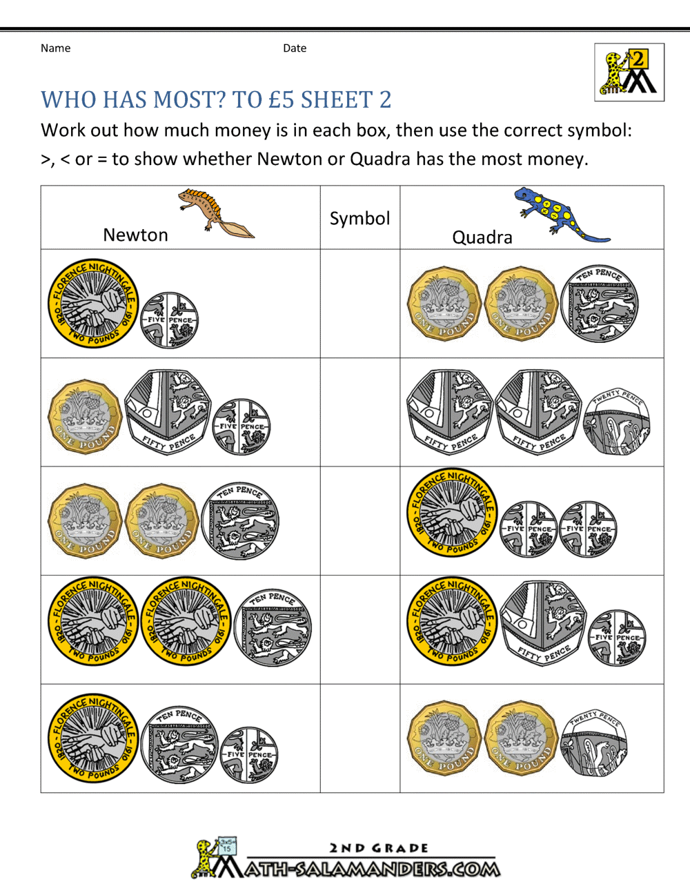 UK Money Worksheets To 5