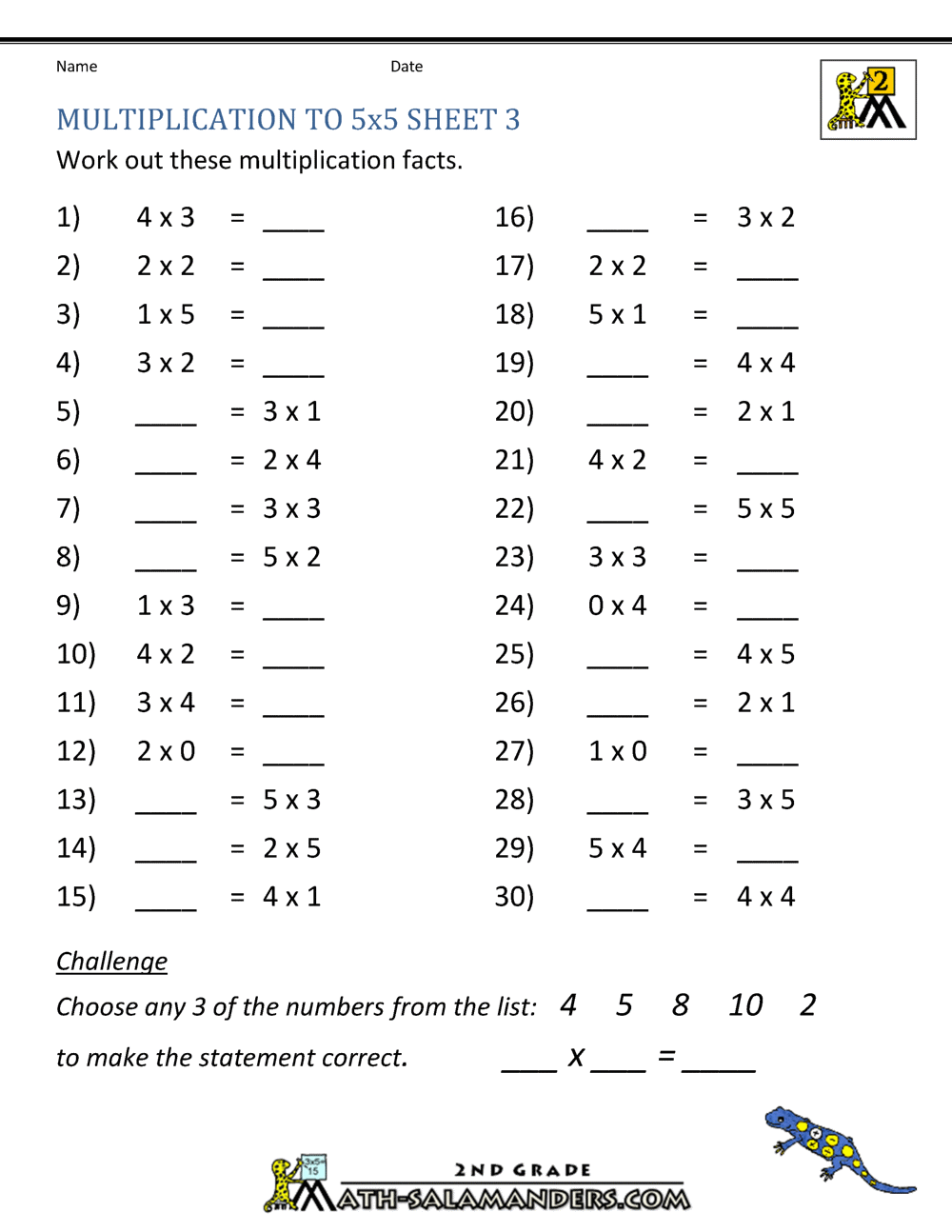 Multiplication Practice Worksheets to 5x5