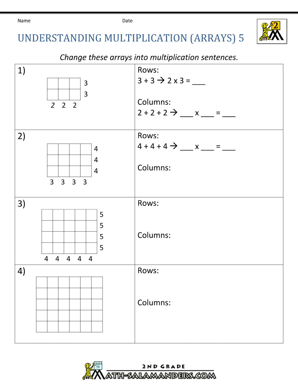 Multiplication By Arrays Worksheets