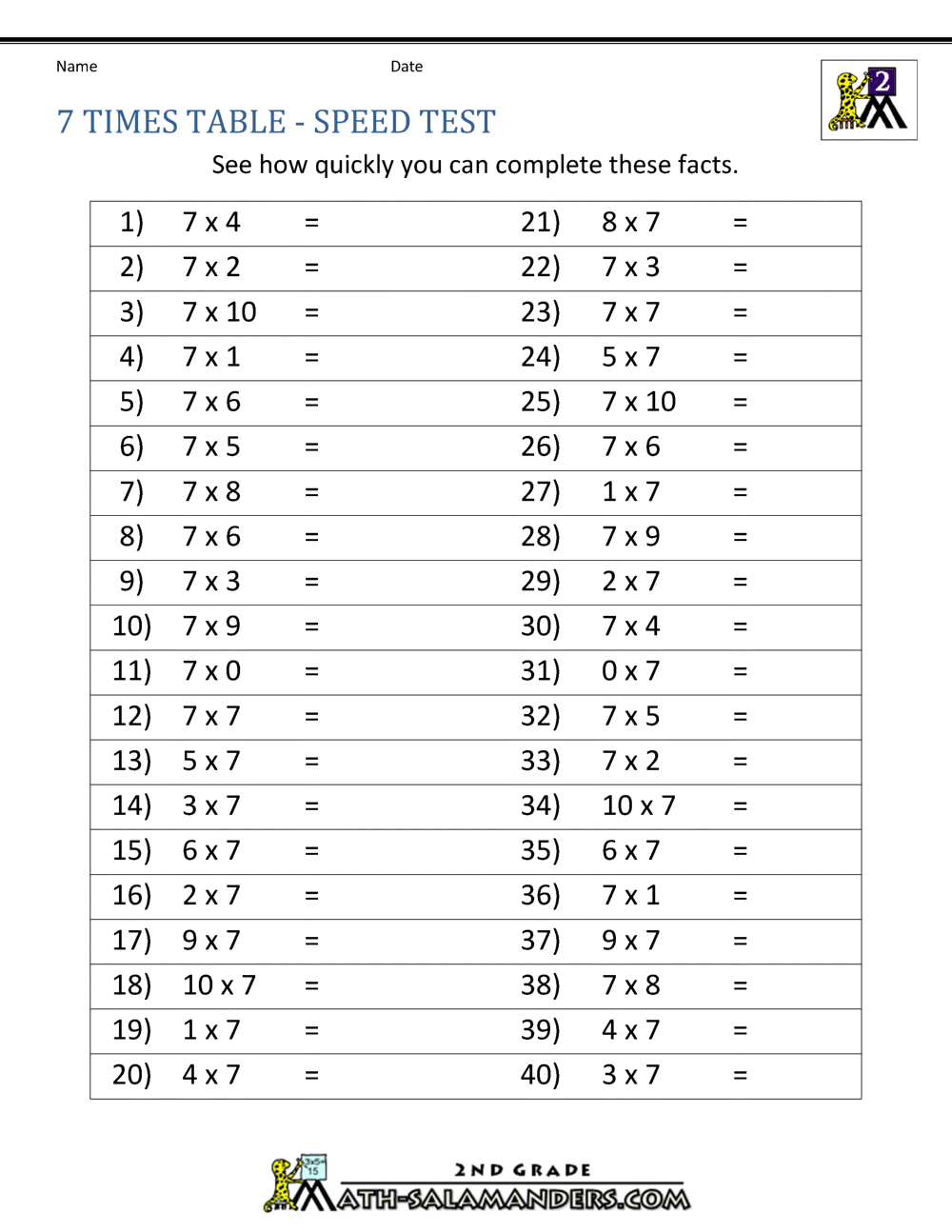 7 Times Table free worksheets, worksheets for teachers, grade worksheets, and learning Times Table Test Worksheets 1294 x 1000