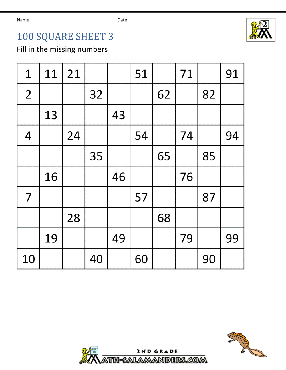 Multiplication Number Square Worksheets