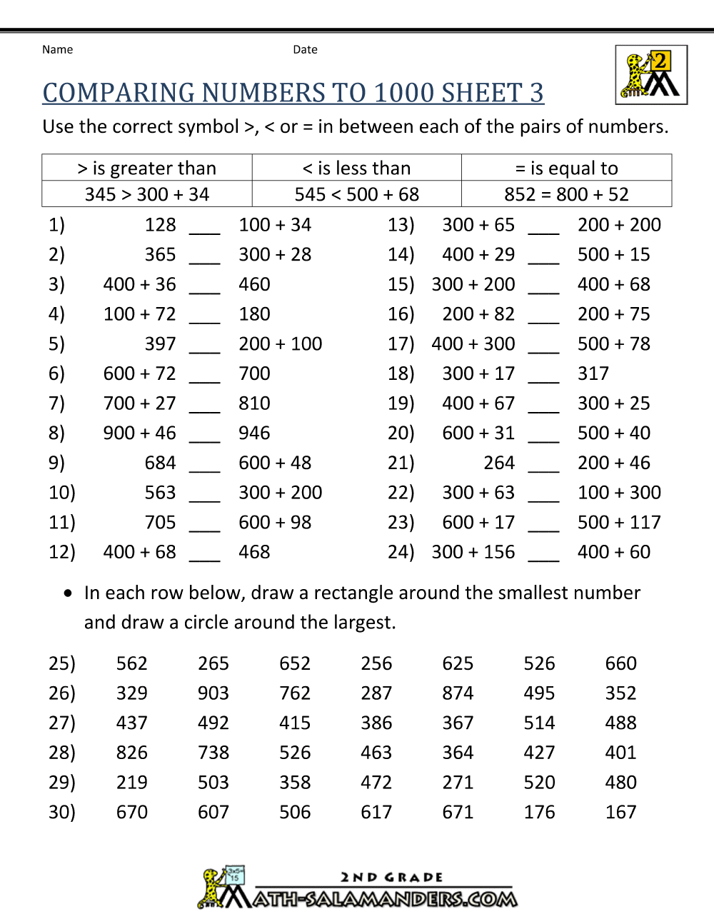 Comparing 2 Digit Numbers Worksheets