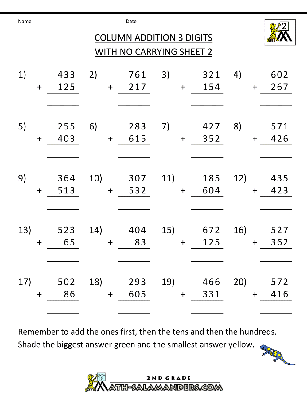 Free Printable Addition Worksheets 3 Digits