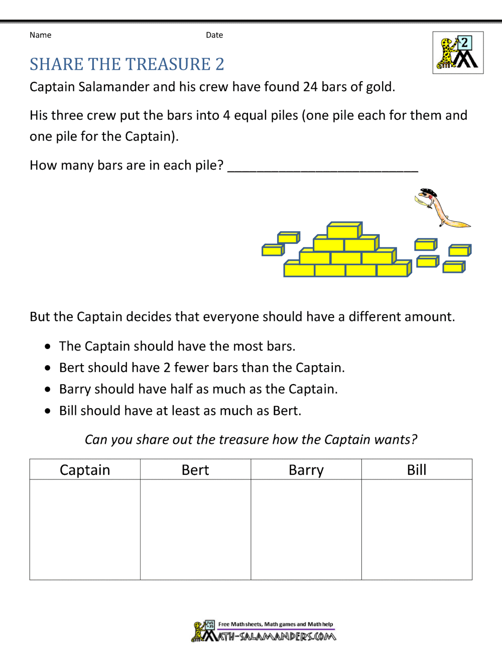 second grade math word problems share the treasure 2