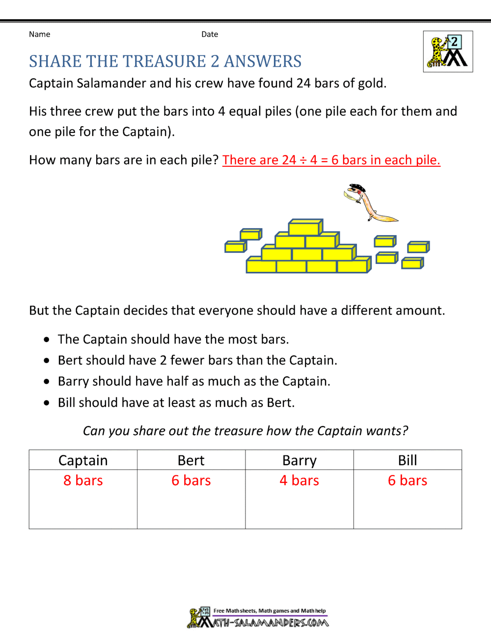 second grade math word problems share the treasure 2ans