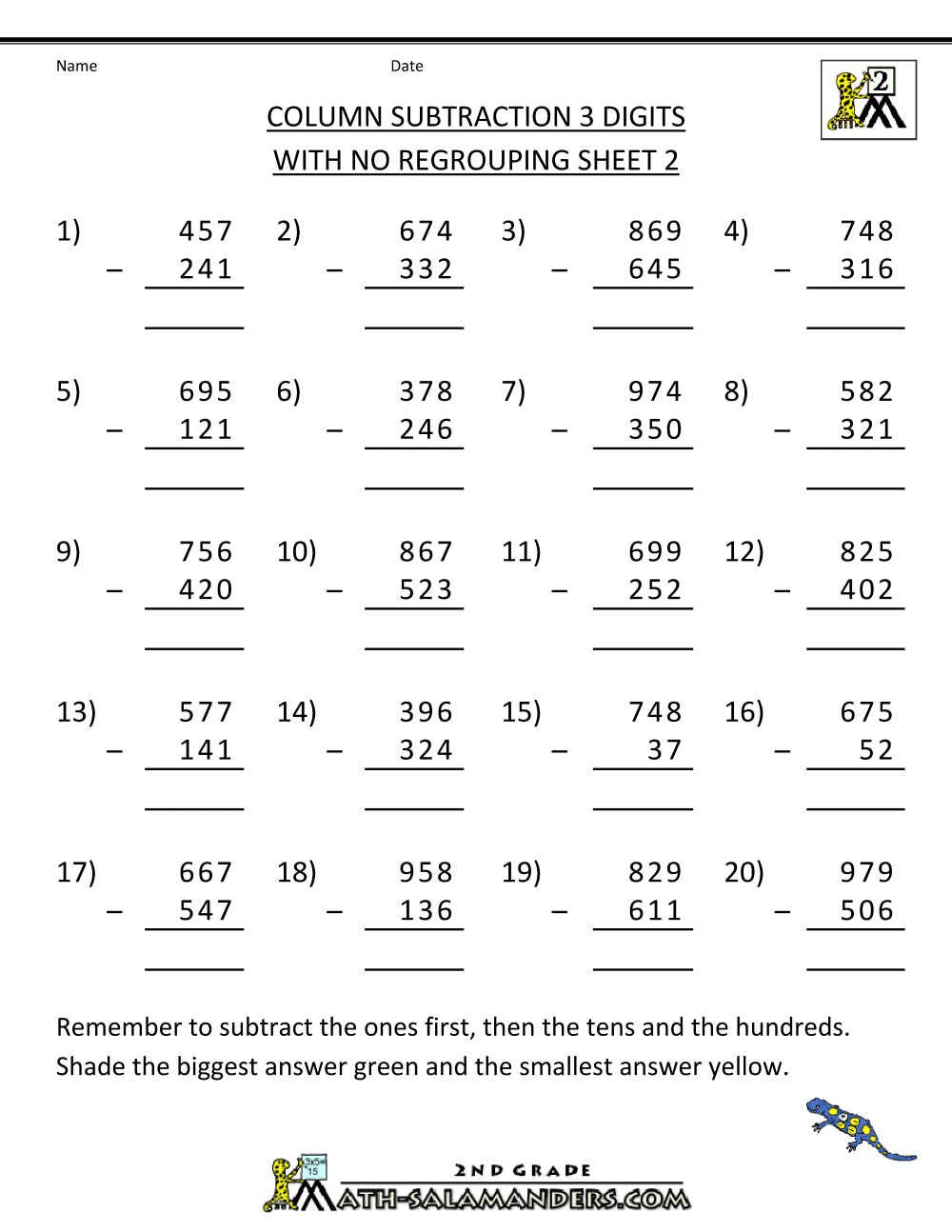 Regrouping 2 2 Column missing 2 No year Digit number Subtraction  Answers worksheets Sheet
