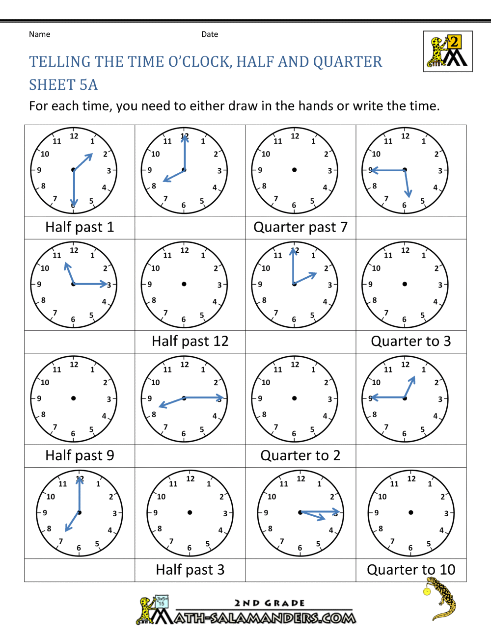 time time  5a worksheets grade the quarter for worksheets telling time pdf 2 oclock half