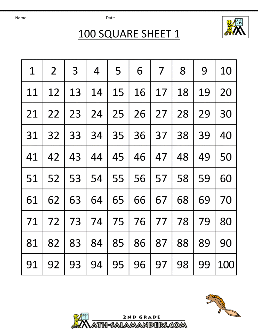 1 To 100 Number Square Printable