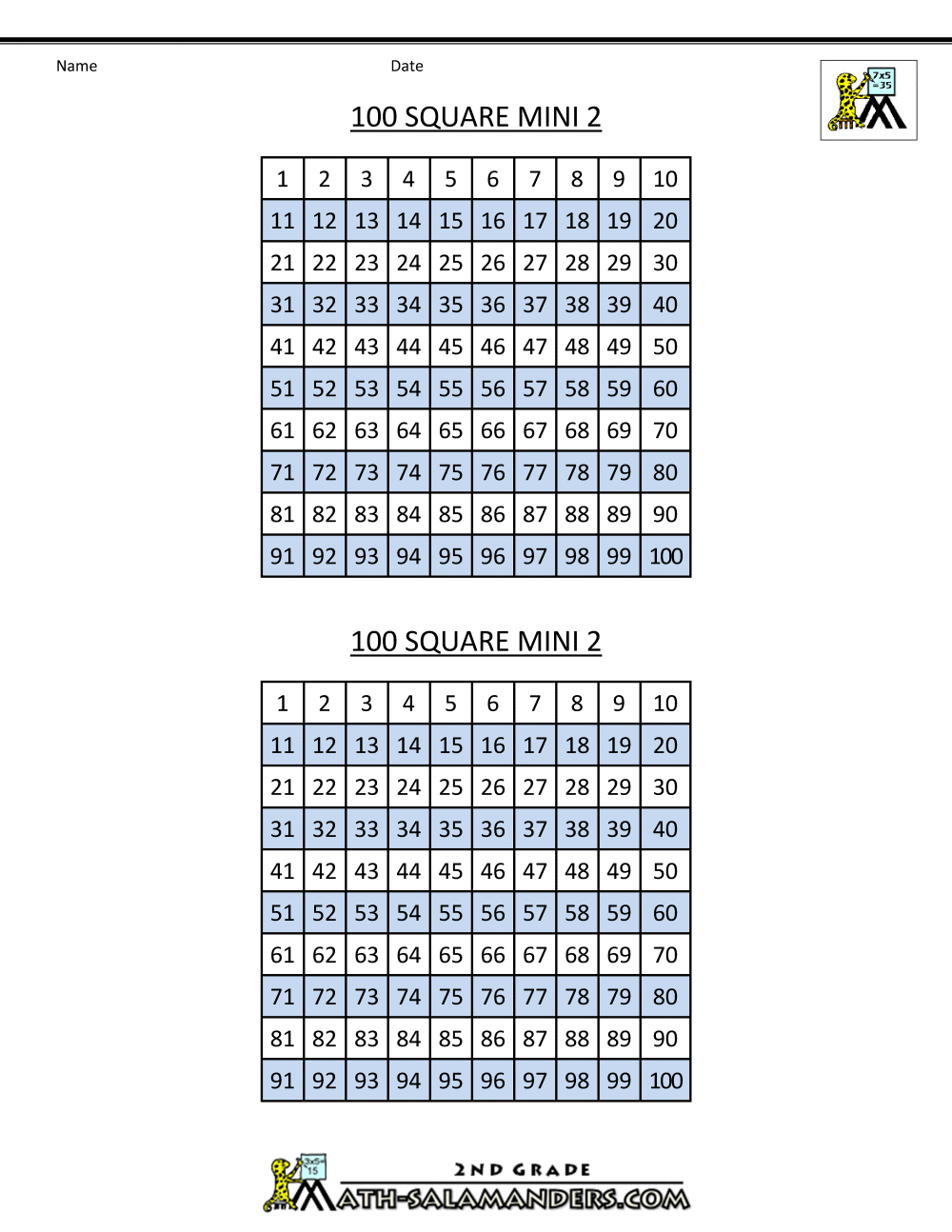 number squares worksheets