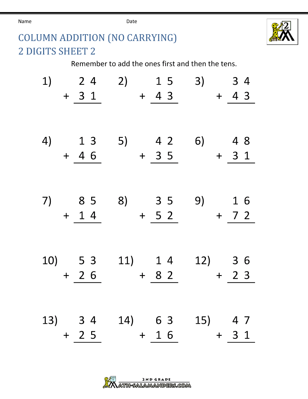 addition worksheet no carrying