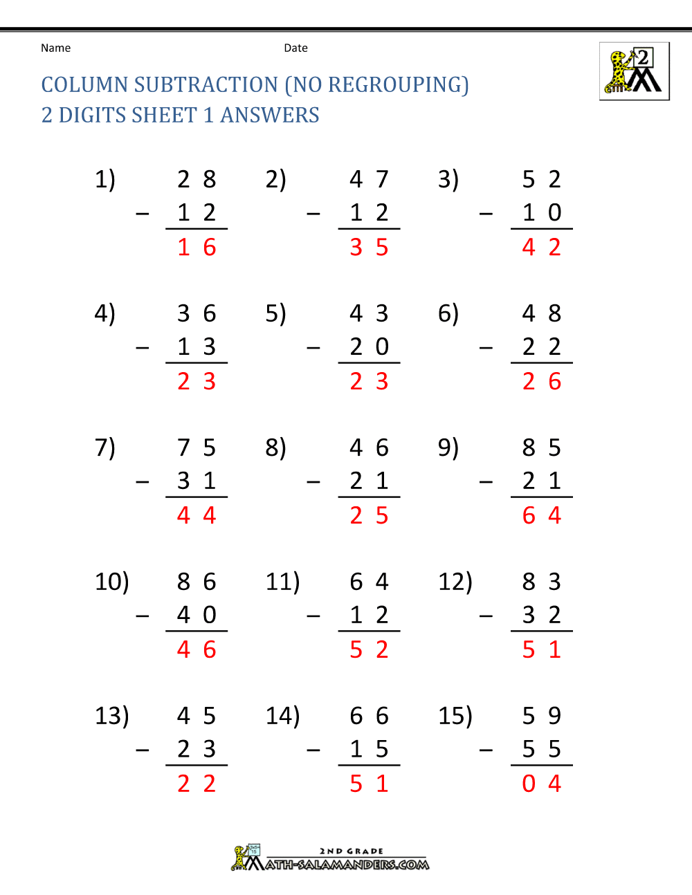 2 Digit Subtraction Worksheets