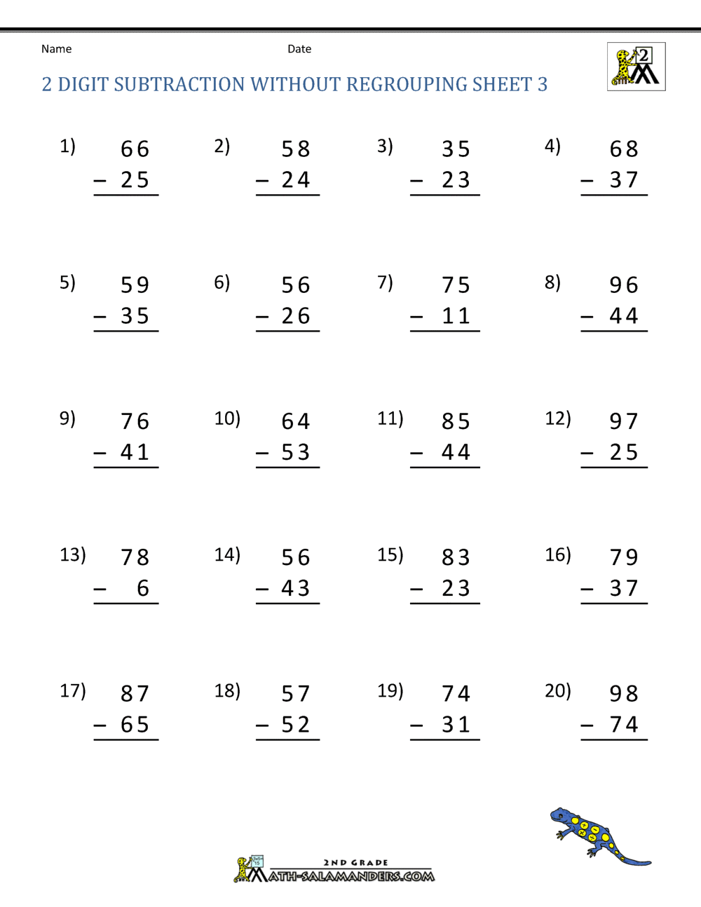 2 Digit Subtraction without Regrouping Worksheets