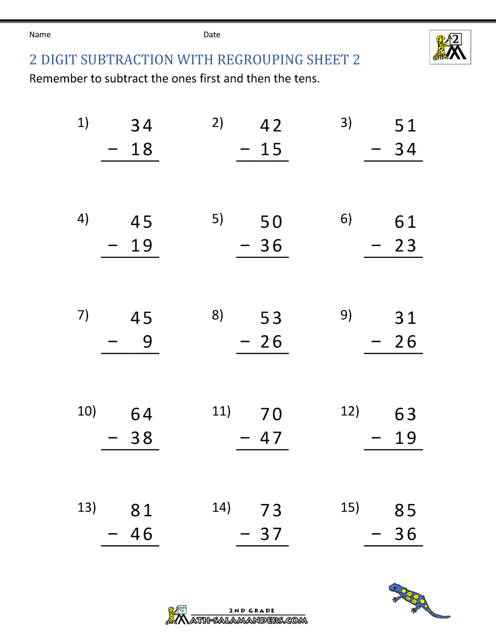subtraction worksheets regrouping 2 digit