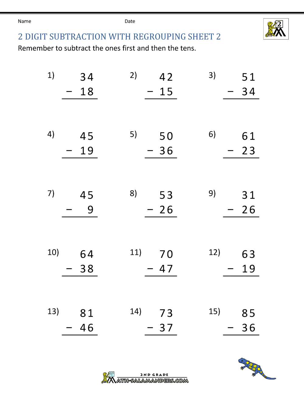 Subtract 2 Digit Numbers With Regrouping Worksheets