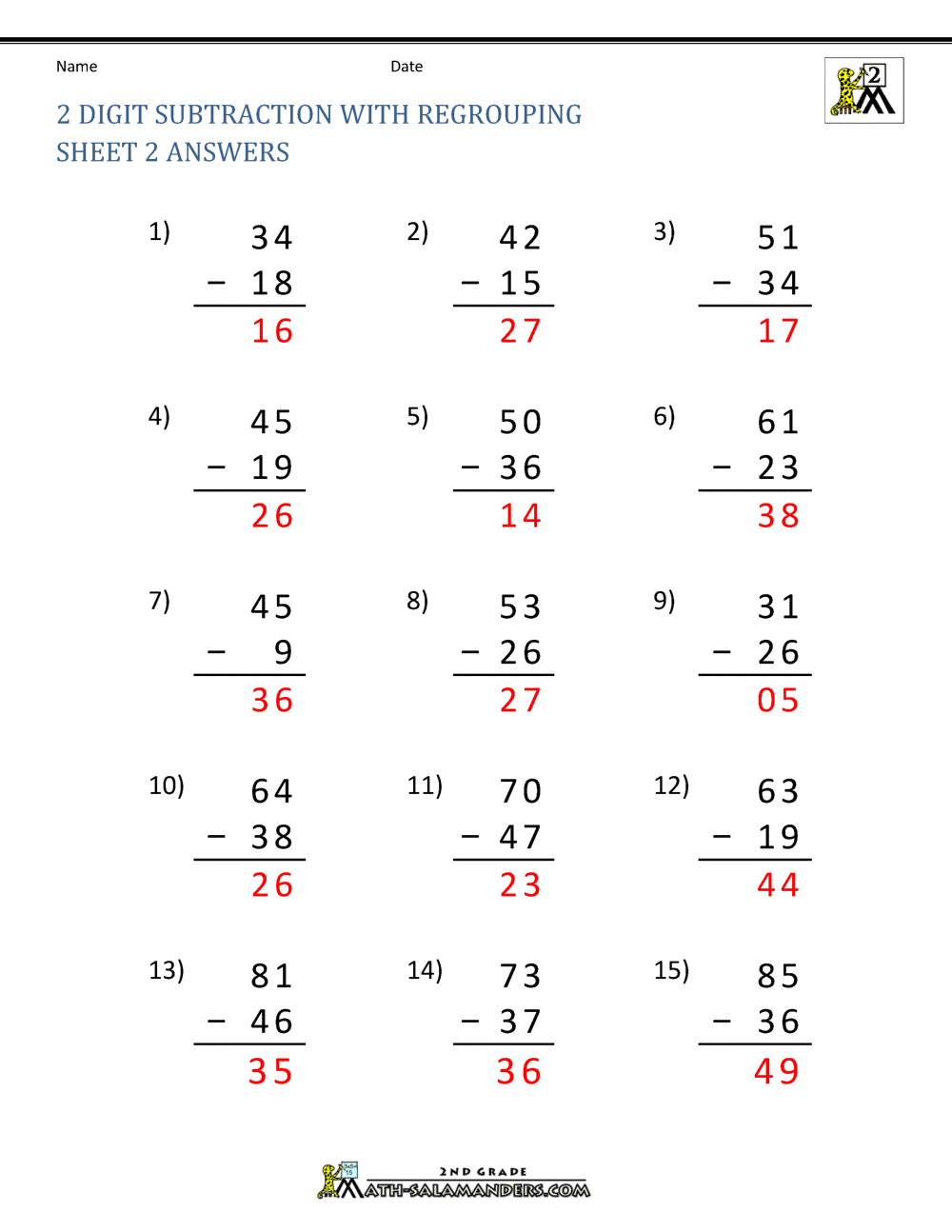 2 Digit Subtraction with Regrouping Worksheets