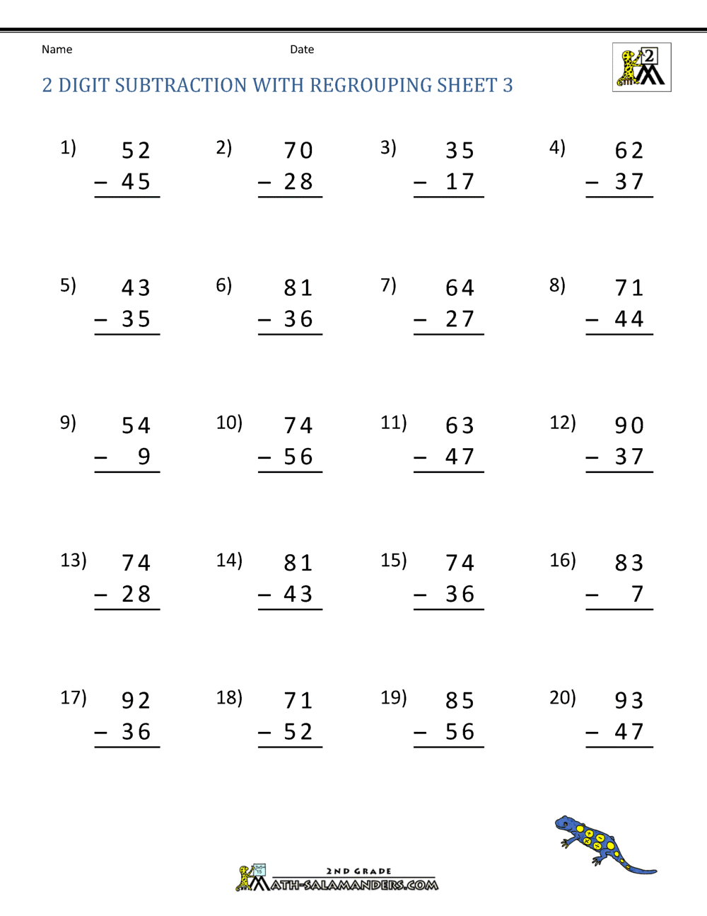 Subtracting 2 Digit Numbers 2nd Grade Worksheet