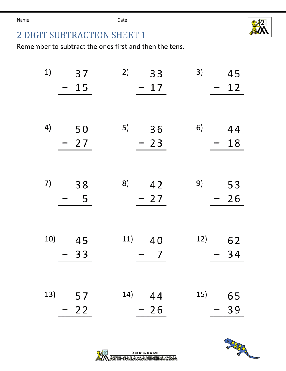 2 Digit Subtraction with Regrouping Worksheets