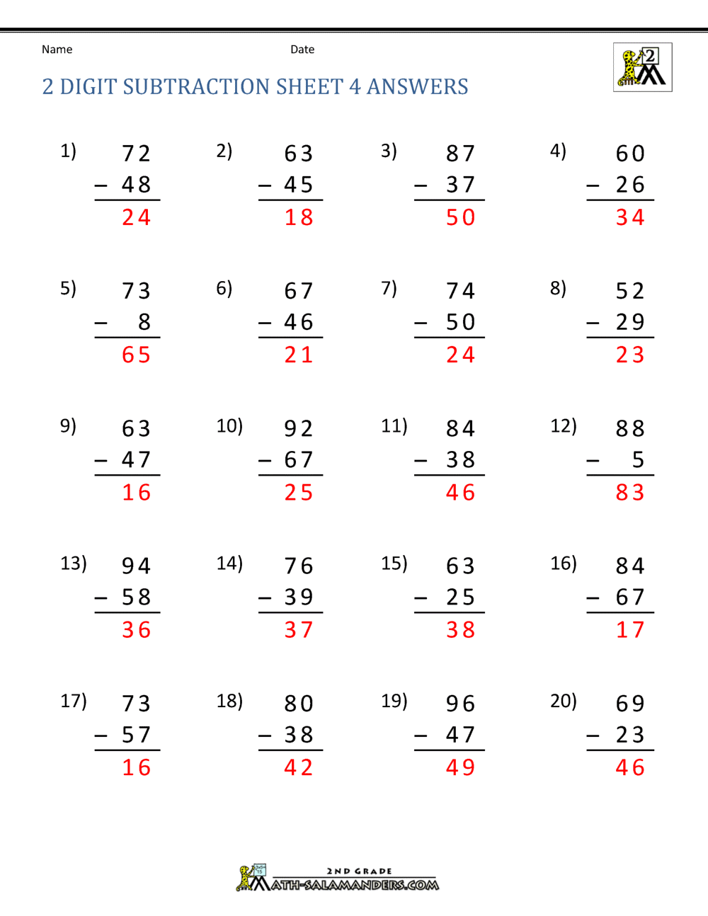 2 Digit Subtraction with Regrouping Worksheets