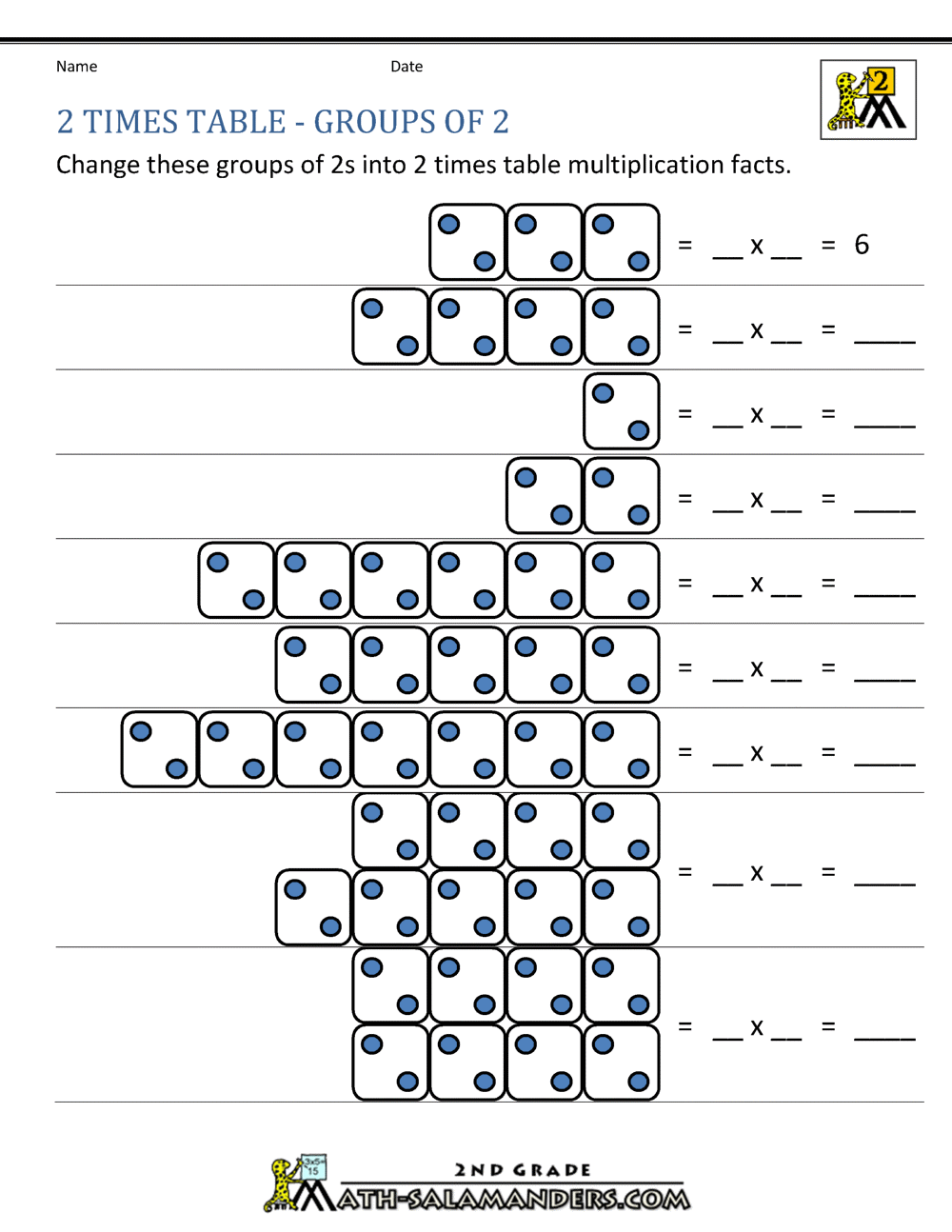 table of 2 for printout