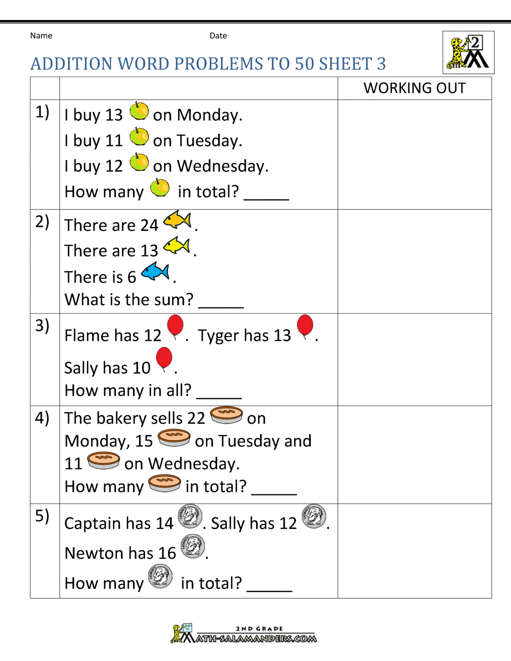 math worksheets 2nd grade word problems