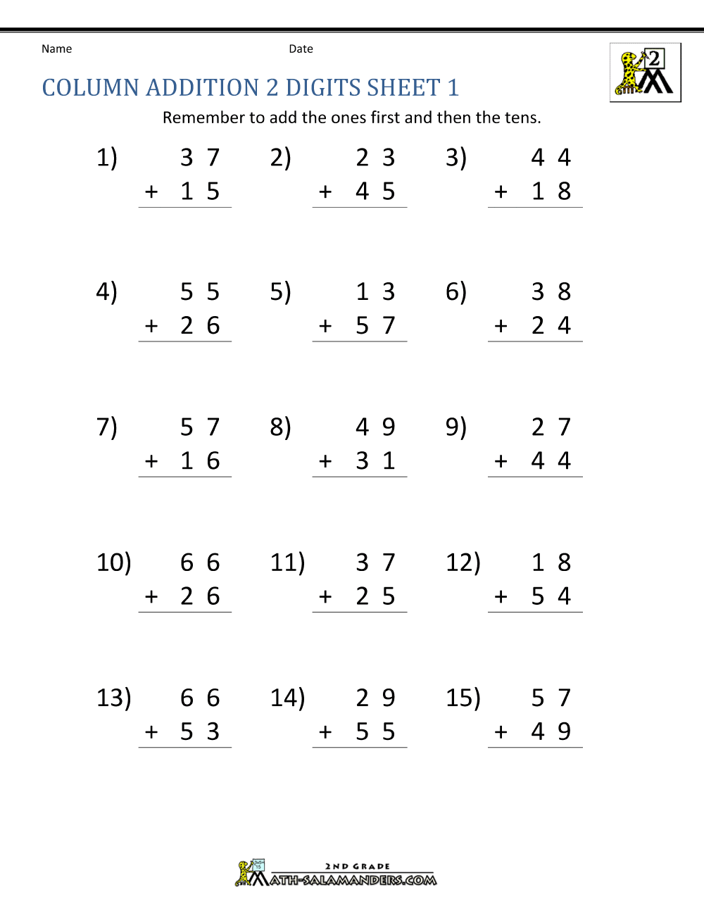 2nd grade addition worksheets column addition 2 digits 1