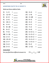 2nd grade math addition facts to 12 2