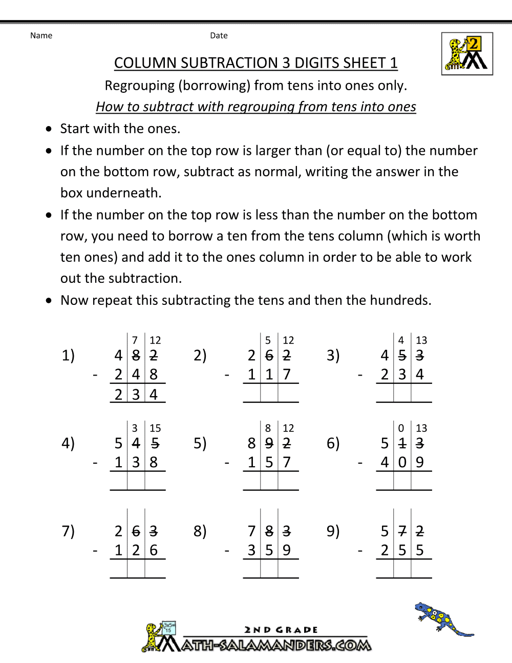 math worksheets for 2nd graders subtraction with regrouping