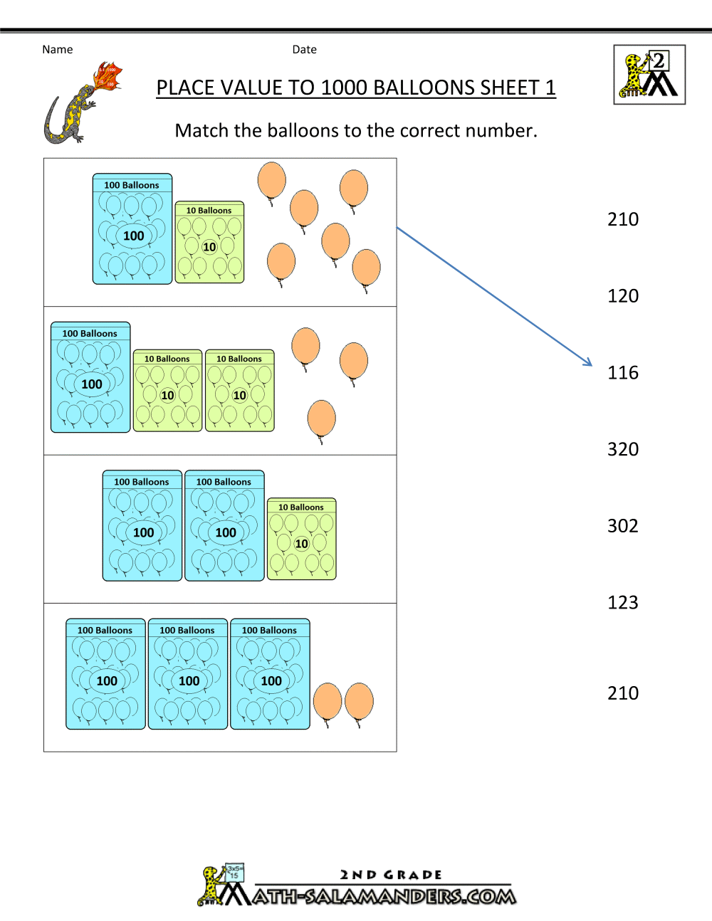 worksheet Math Place Value place value blocks with 3 digit number 2nd grade math practice balloons to 1000 1