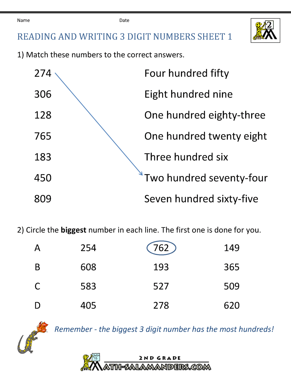 3 Digit Numbers Worksheets