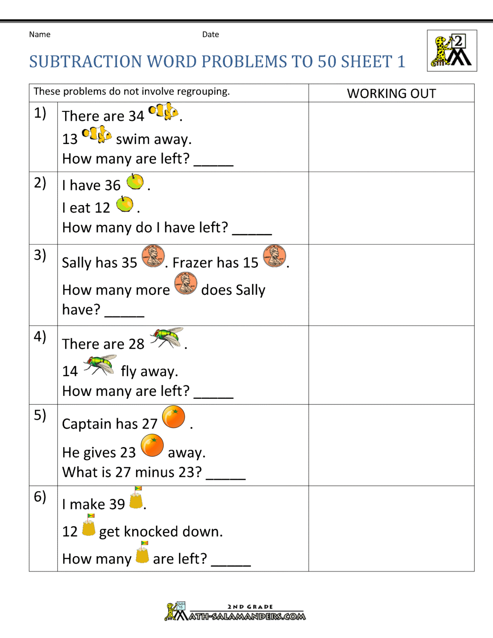 worksheet problem solving subtraction