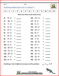 2nd grade math subtraction facts to 12 1