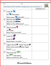 2nd grade math word problems subtraction to 50 2