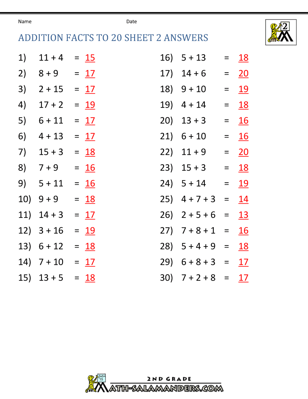 Math Addition Facts to 20+20