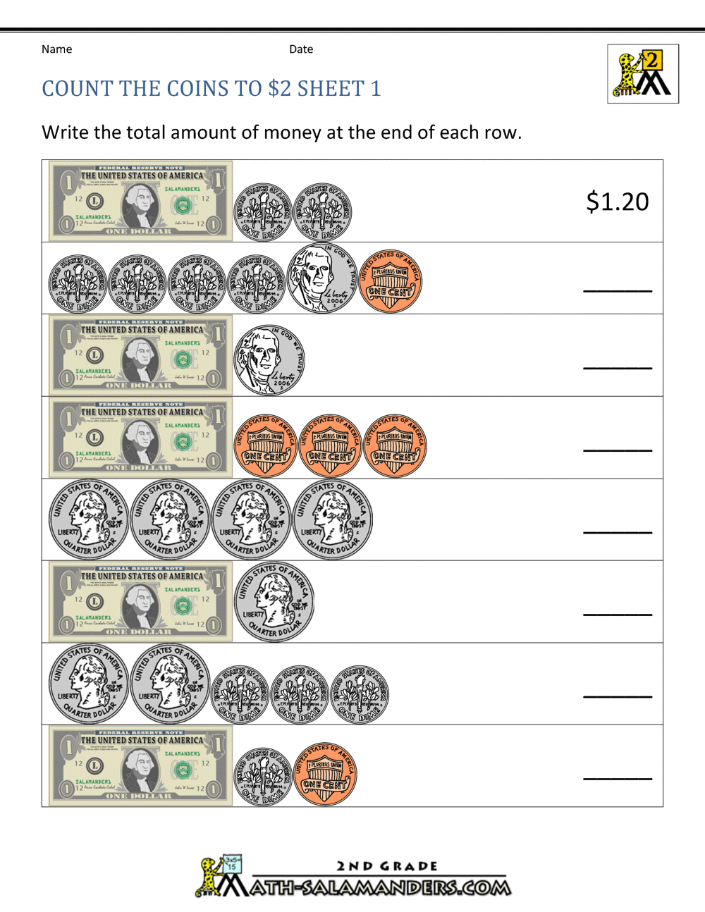 2nd Grade Money Worksheets up to $2