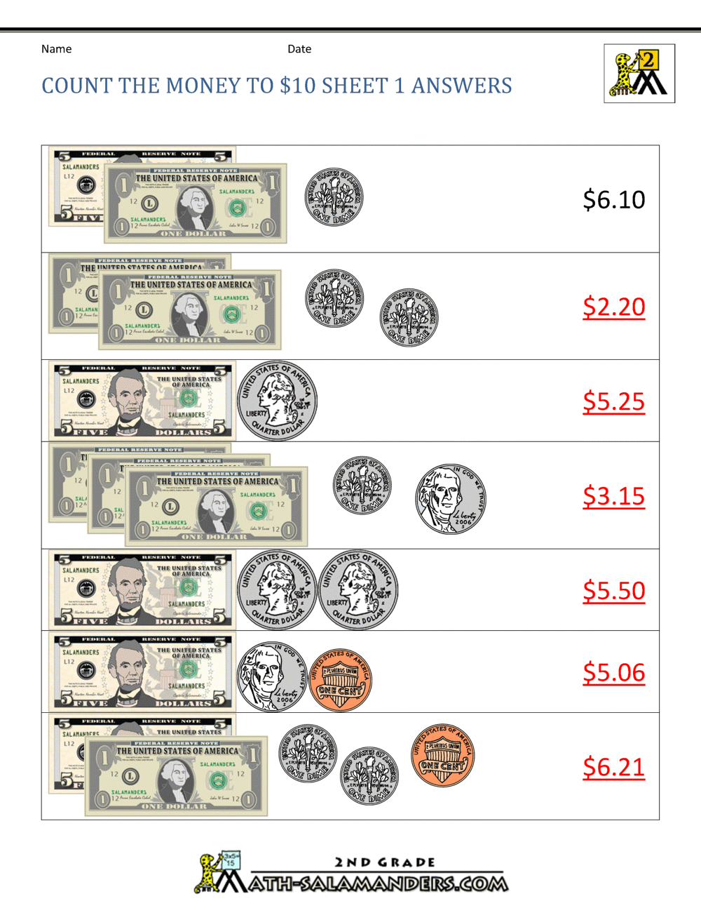 printable money worksheets to 10
