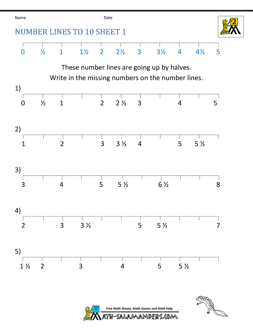 Math Number Line Worksheets - Counting by halves